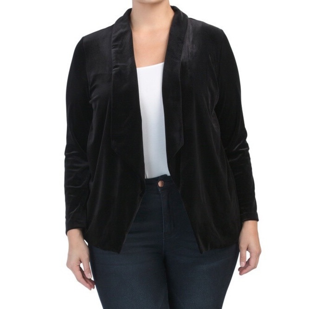 Tahari Velvet Open Front Cardigan 1X Black Shawl Collar Stretch Holiday Chic